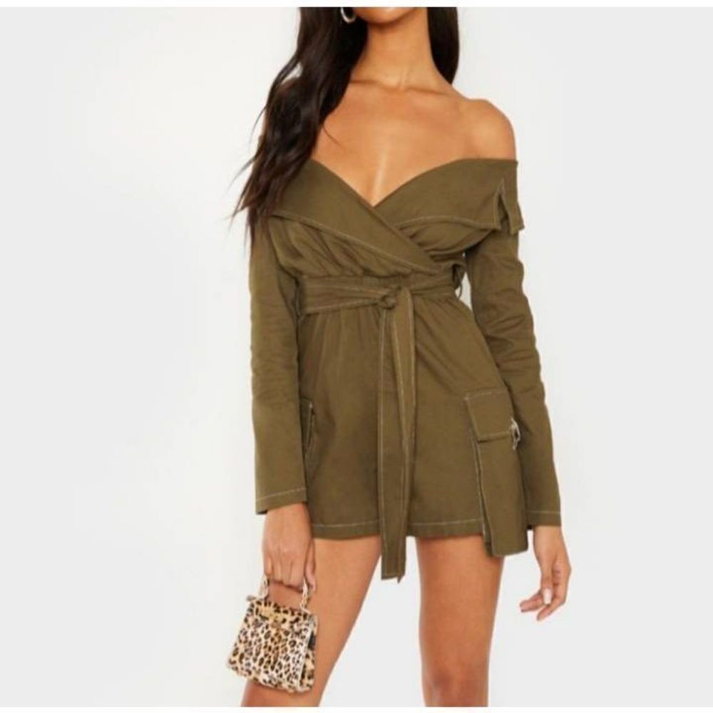 PrettyLittleThing Olive Off-Shoulder Romper